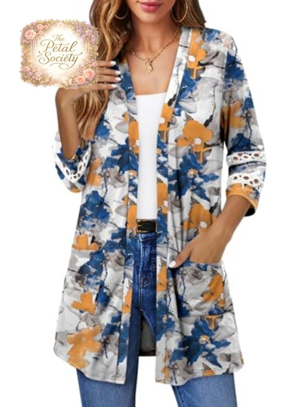 Womens Open Front Cardigan 3/4 Sleeve Lightweight Casual